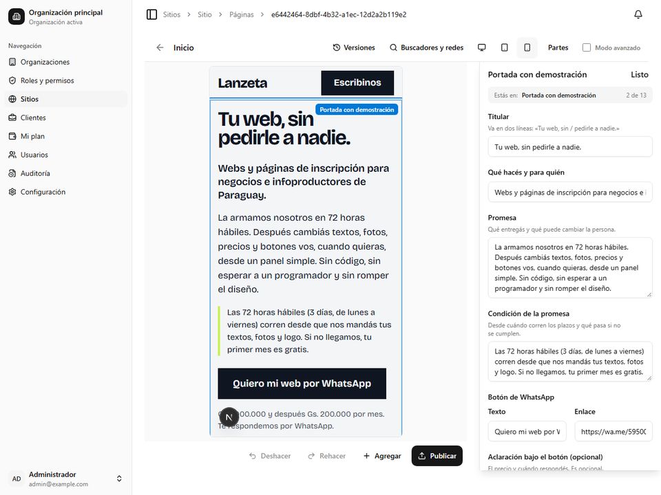 La vista previa del panel con los botones Celular y Compu, mostrando la portada con el título nuevo