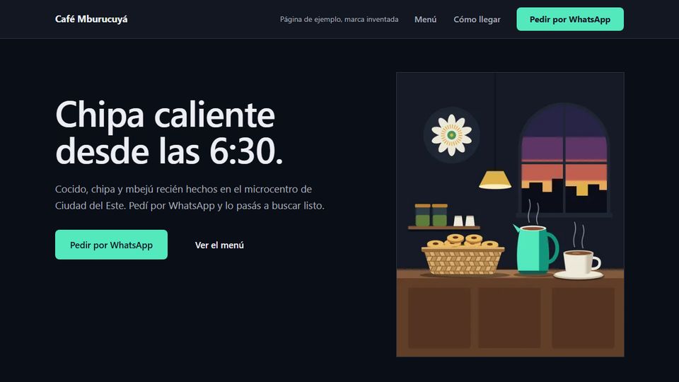 La página del Café Mburucuyá: «Chipa caliente desde las 6:30», un botón para pedir por WhatsApp y el menú con precios