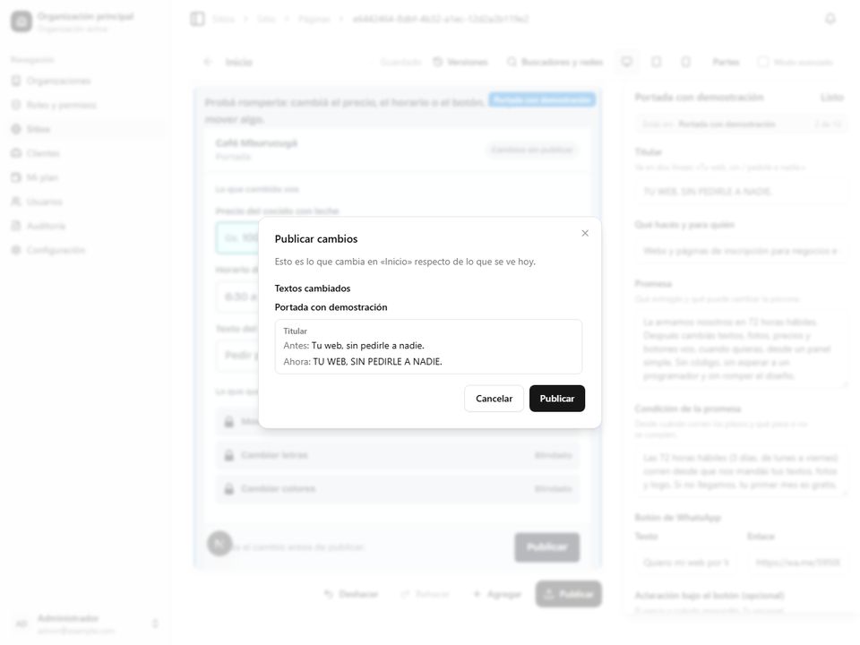 El aviso de un cambio listo para publicar, el botón Publicar y la confirmación de que la web ya está al día