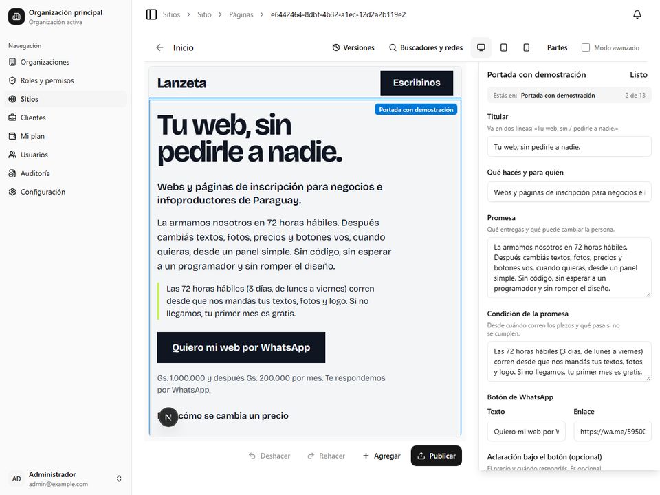 El panel de Lanzeta con la lista de secciones a la izquierda y los campos Título y Texto del botón a la derecha, con el título resaltado