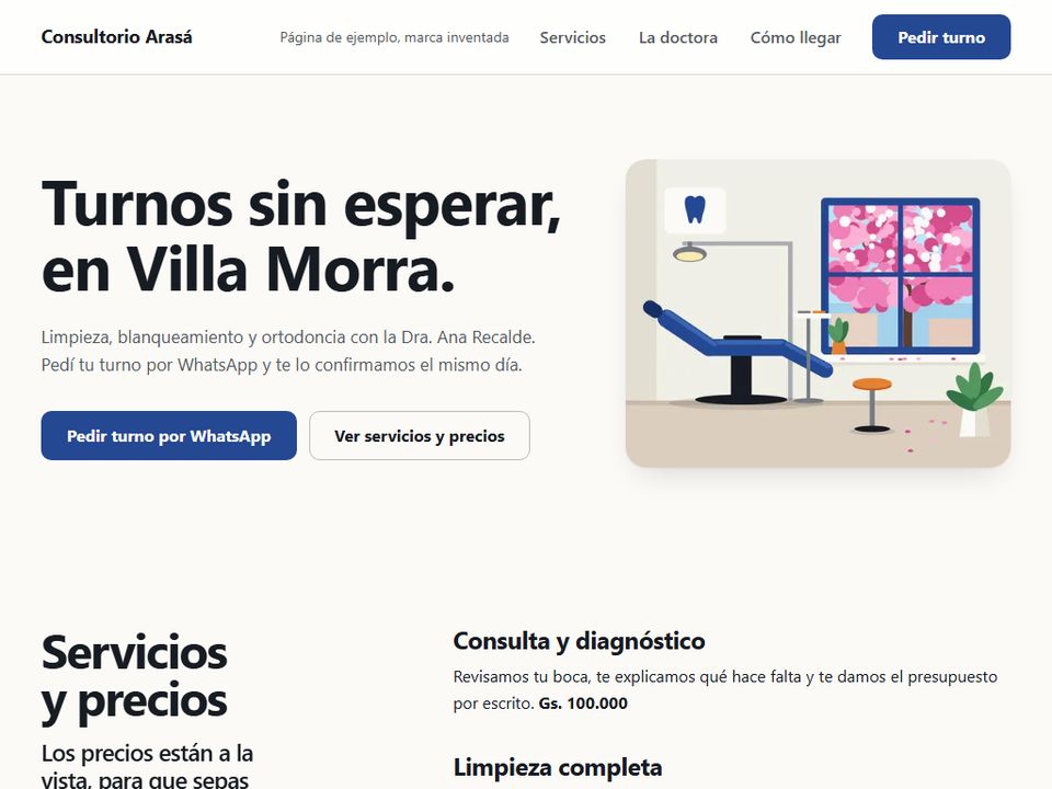 La página del Consultorio Arasá: turnos en Villa Morra, horarios, precios de los servicios y el botón Pedir turno por WhatsApp